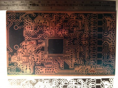 Jaguar PCB after developing photo resist coating and before etching